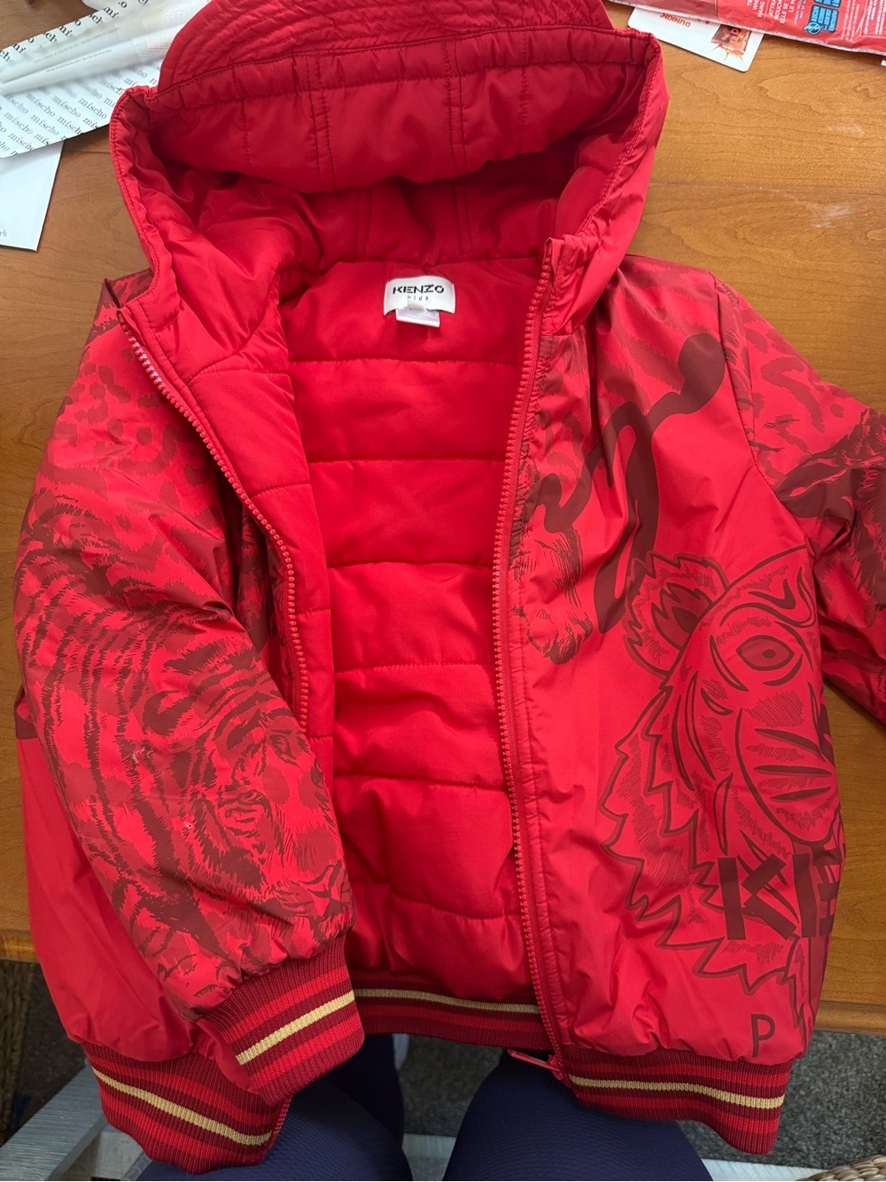 Kenzo Kids Red Puffer Jacket with Tiger Graphic